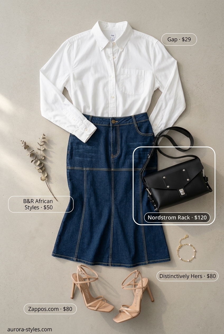 Sophisticated summer denim skirt outfit 2026 with button-down and heeled sandals.