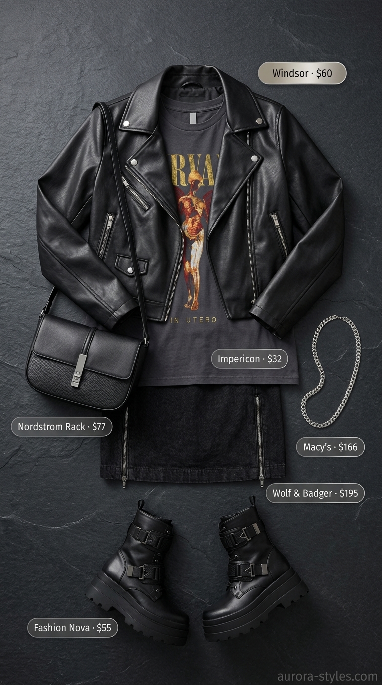 Edgy summer denim skirt outfit 2026 with moto jacket, band tee, and combat boots for night out.
