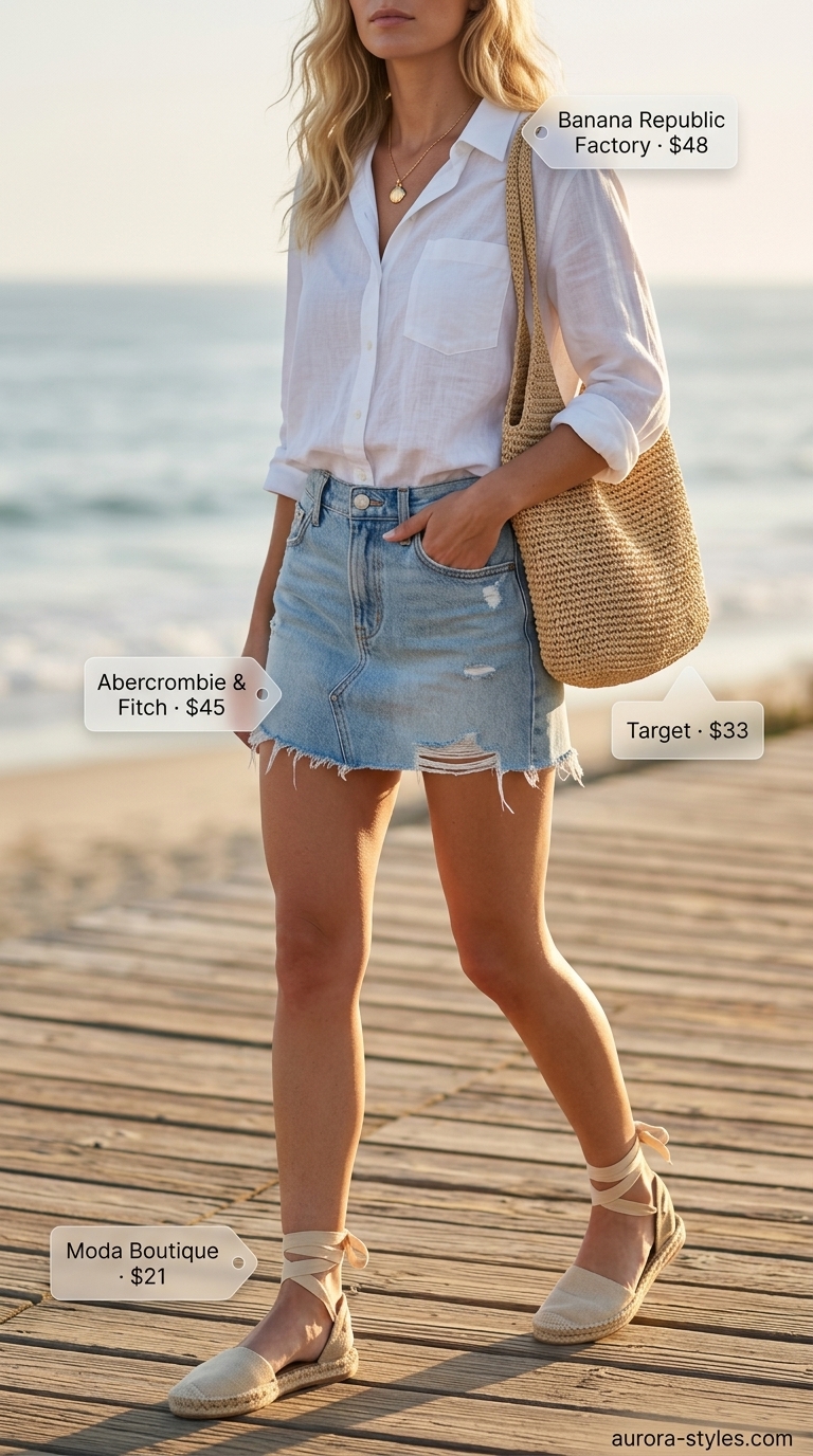 Coastal light wash denim skirt outfit 2026 with linen shirt and straw tote for beach day.