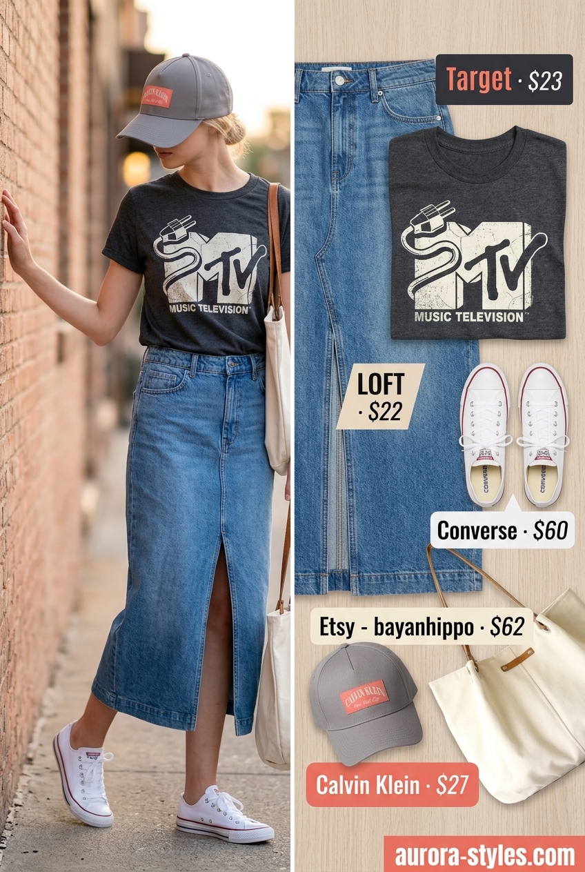 Casual summer denim skirt outfit 2026: Medium wash denim midi skirt, grey graphic tee, white sneakers, and tote bag.