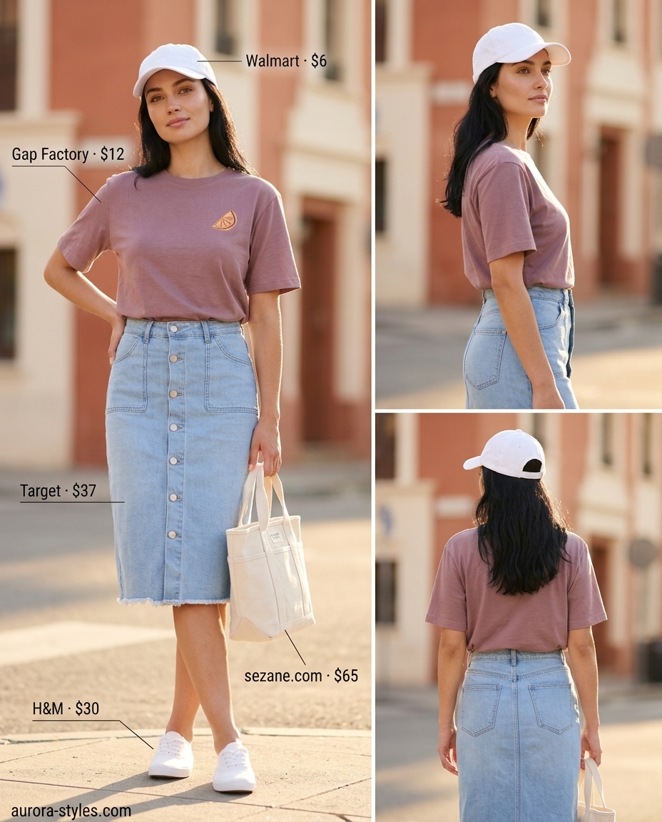 Casual summer denim skirt 2026: Light wash button-front skirt, pastel pink graphic tee, canvas sneakers, and cap.