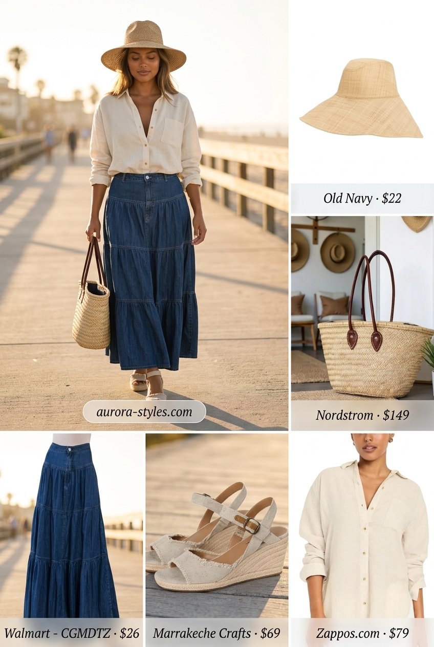 Coastal summer denim skirt 2026: Flowy dark wash maxi skirt, cream linen shirt, espadrilles, and straw hat.