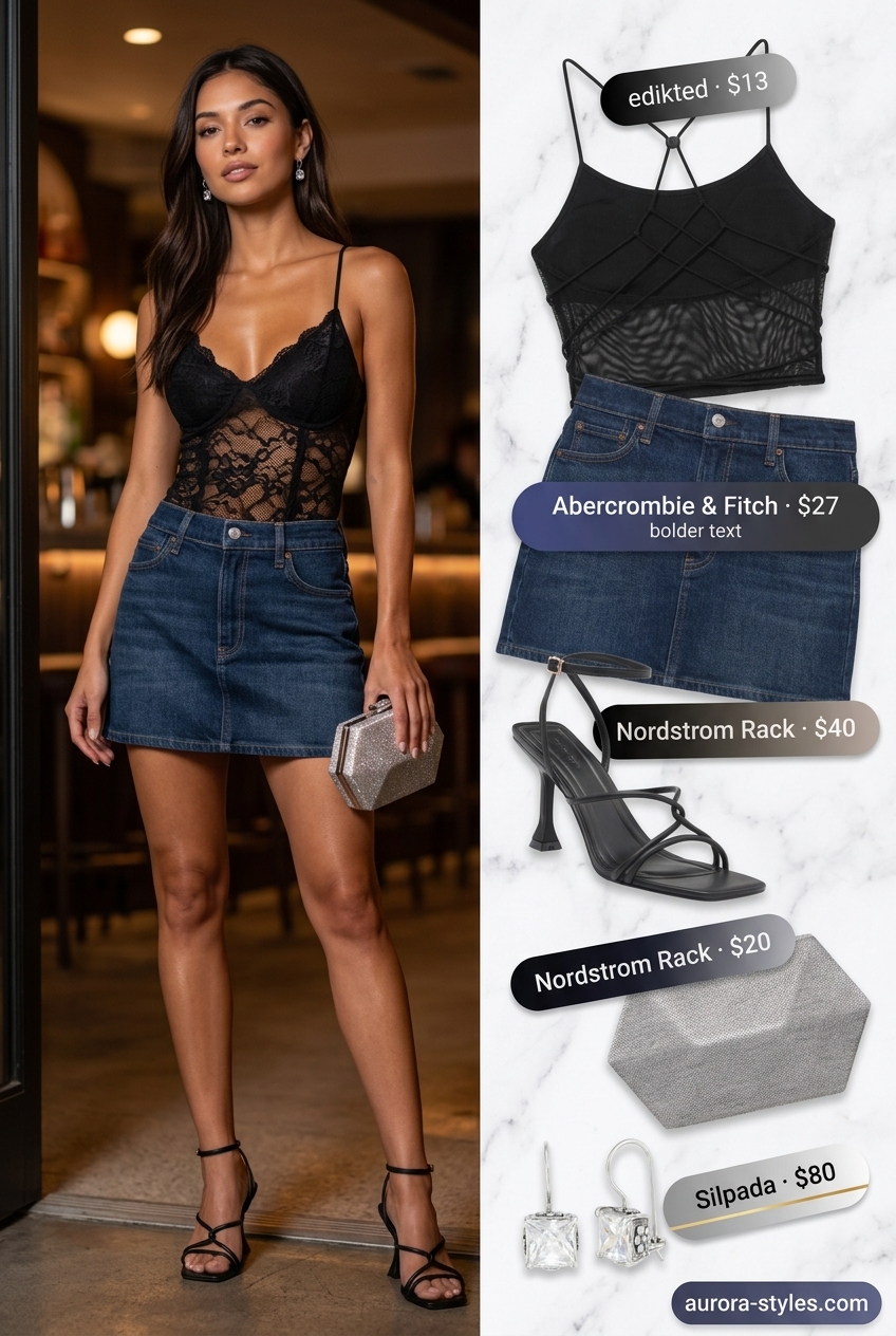 Date night summer denim skirt 2026: Flare mini skirt, lace cami, strappy heels, and crystal earrings.