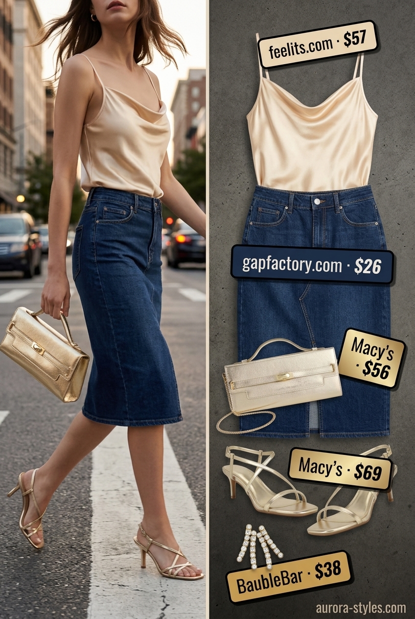 Chic dark wash denim pencil skirt outfit 2026 with satin camisole and heeled sandals.