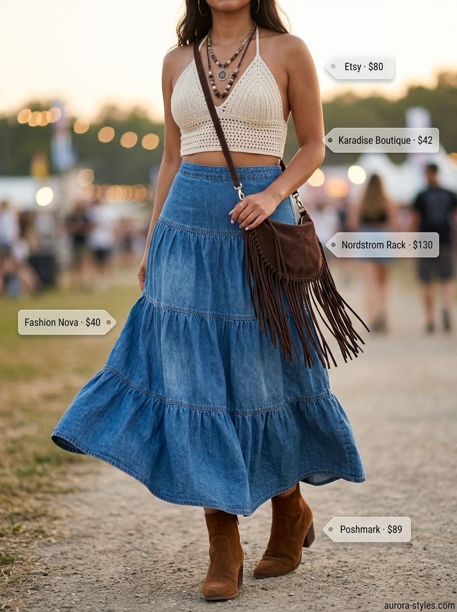 Boho maxi denim skirt outfit 2026 with crochet top and suede boots for festival.