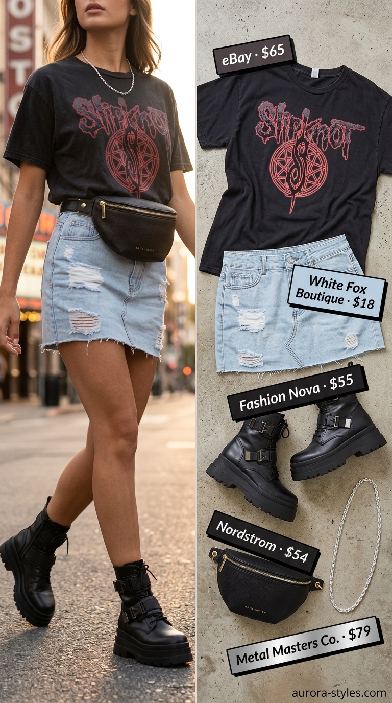 Distressed denim mini skirt outfit 2026 with band tee and combat boots for festival.
