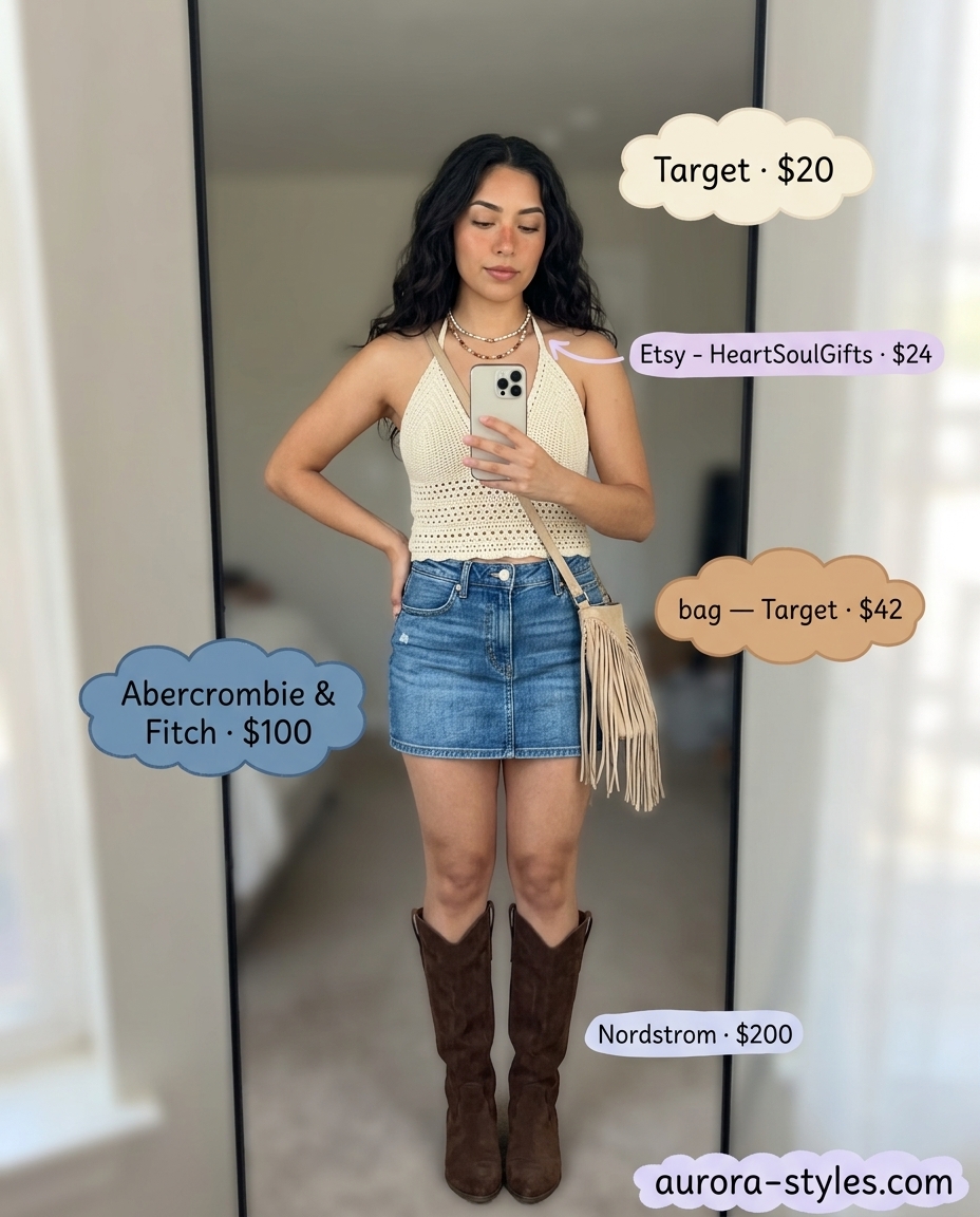 Embroidered denim mini skirt outfit 2026 with crochet top and cowboy boots for festival.