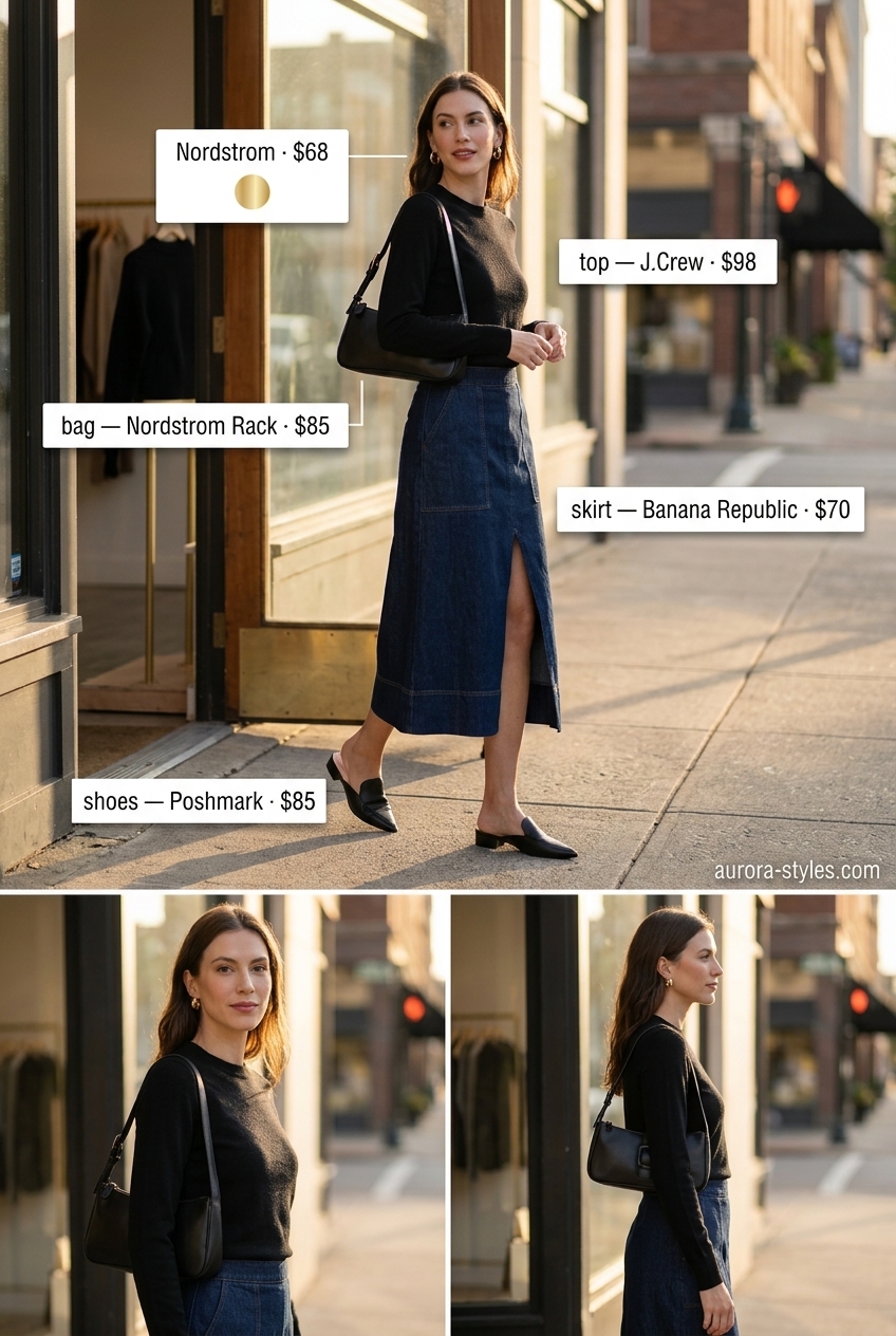 Minimalist summer denim skirt 2026: Dark wash midi skirt, camel knit sweater, black mules, and gold hoops.