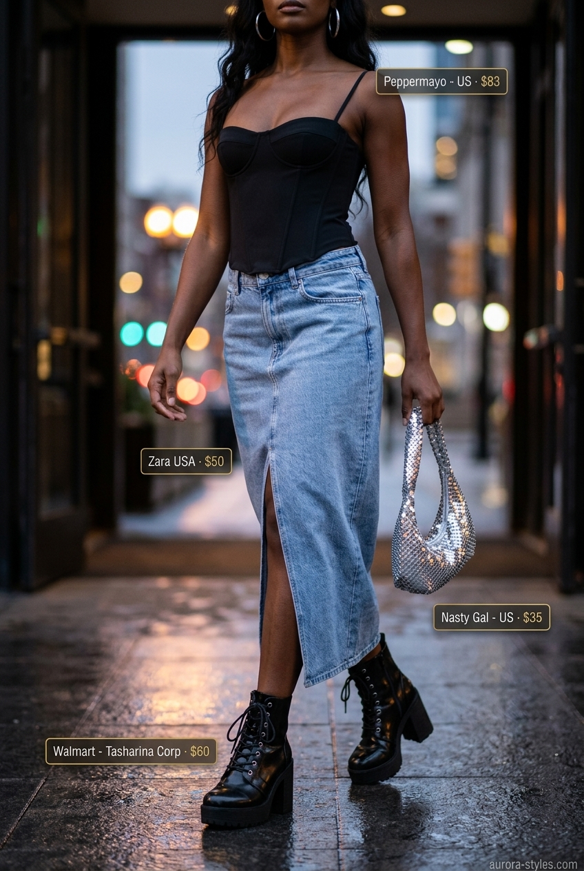 Edgy dark wash denim midi skirt outfit 2026 with corset top and combat boots for night out.