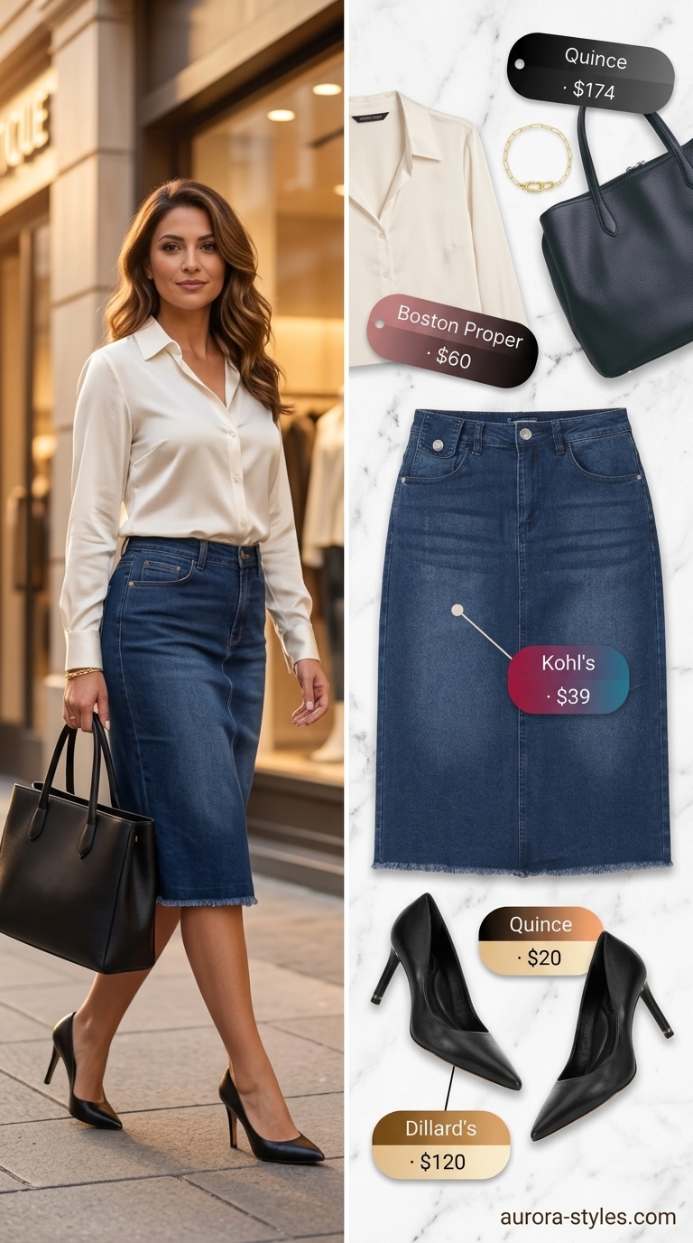 Office summer denim skirt 2026: Tailored dark wash pencil skirt, ivory silk shirt, black pumps, and tote.