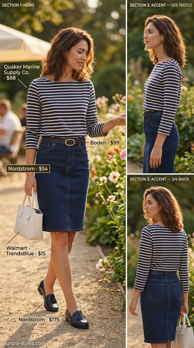 Preppy summer denim skirt 2026: A-line skirt, navy striped top, loafers, and structured tote.