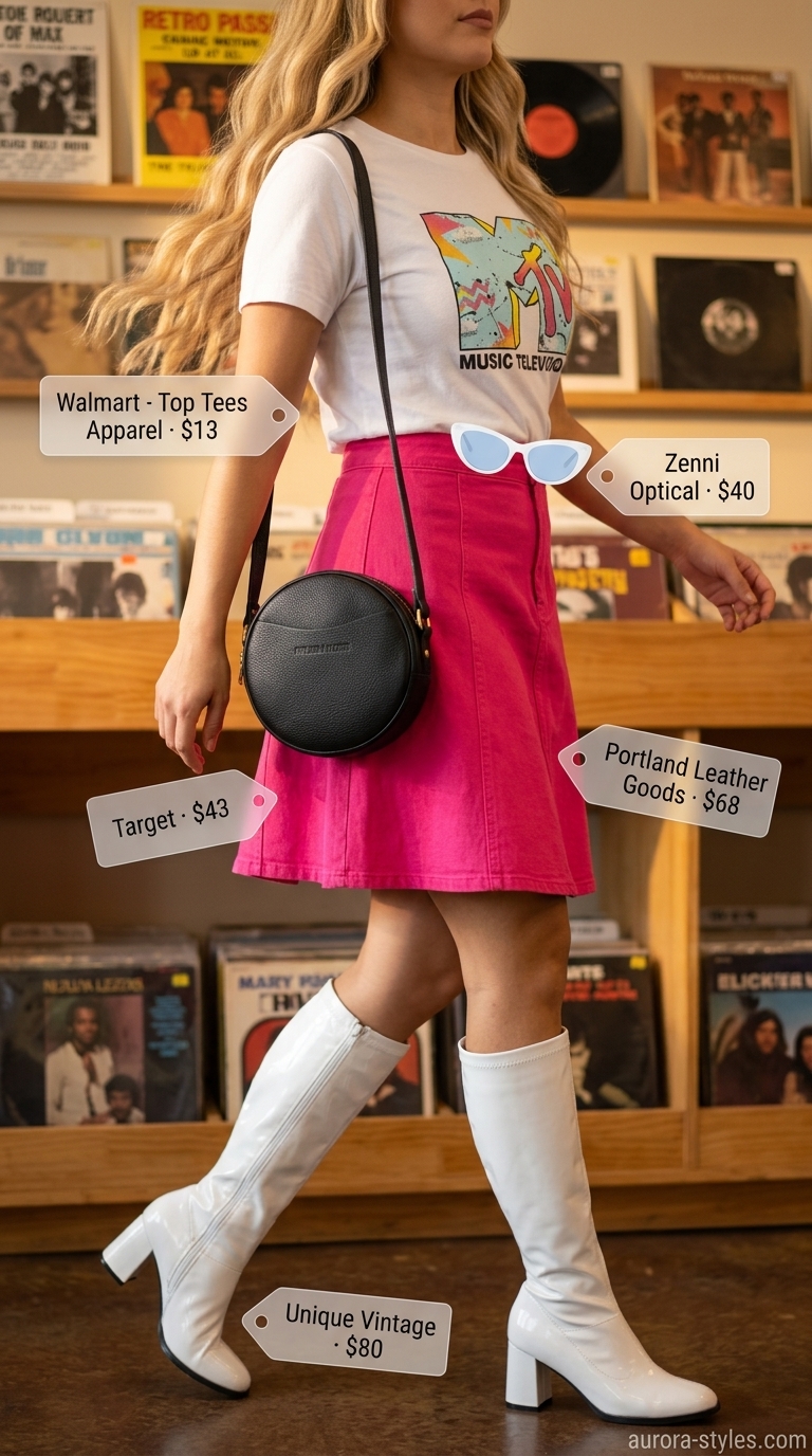 Retro pink denim skirt outfit 2026 with white graphic tee and go-go boots for a party.