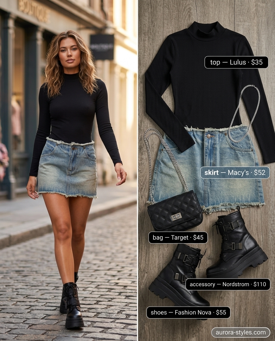 Urban distressed denim midi skirt outfit 2026 with mock neck top and lug sole boots.
