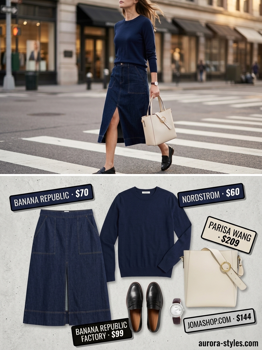 Chic dark wash denim midi skirt outfit 2026 with sweater and loafers for weekend brunch.