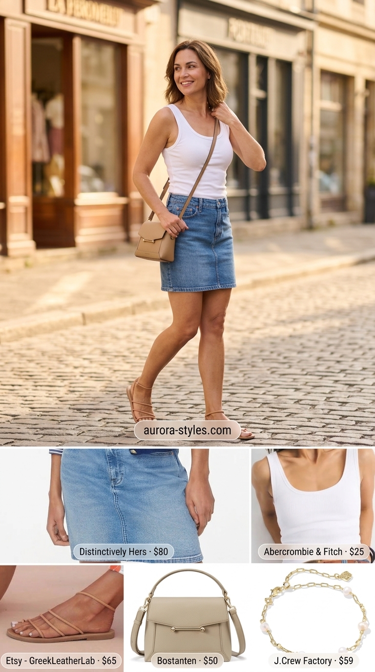 Weekend summer denim skirt 2026: A-line mini skirt, ribbed tank top, flat sandals, and crossbody bag.