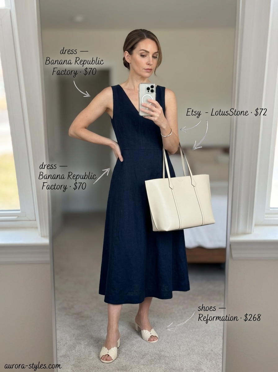Navy blue A-line midi dress for women 2026, perfect for office wear or business casual. Classic and polished.