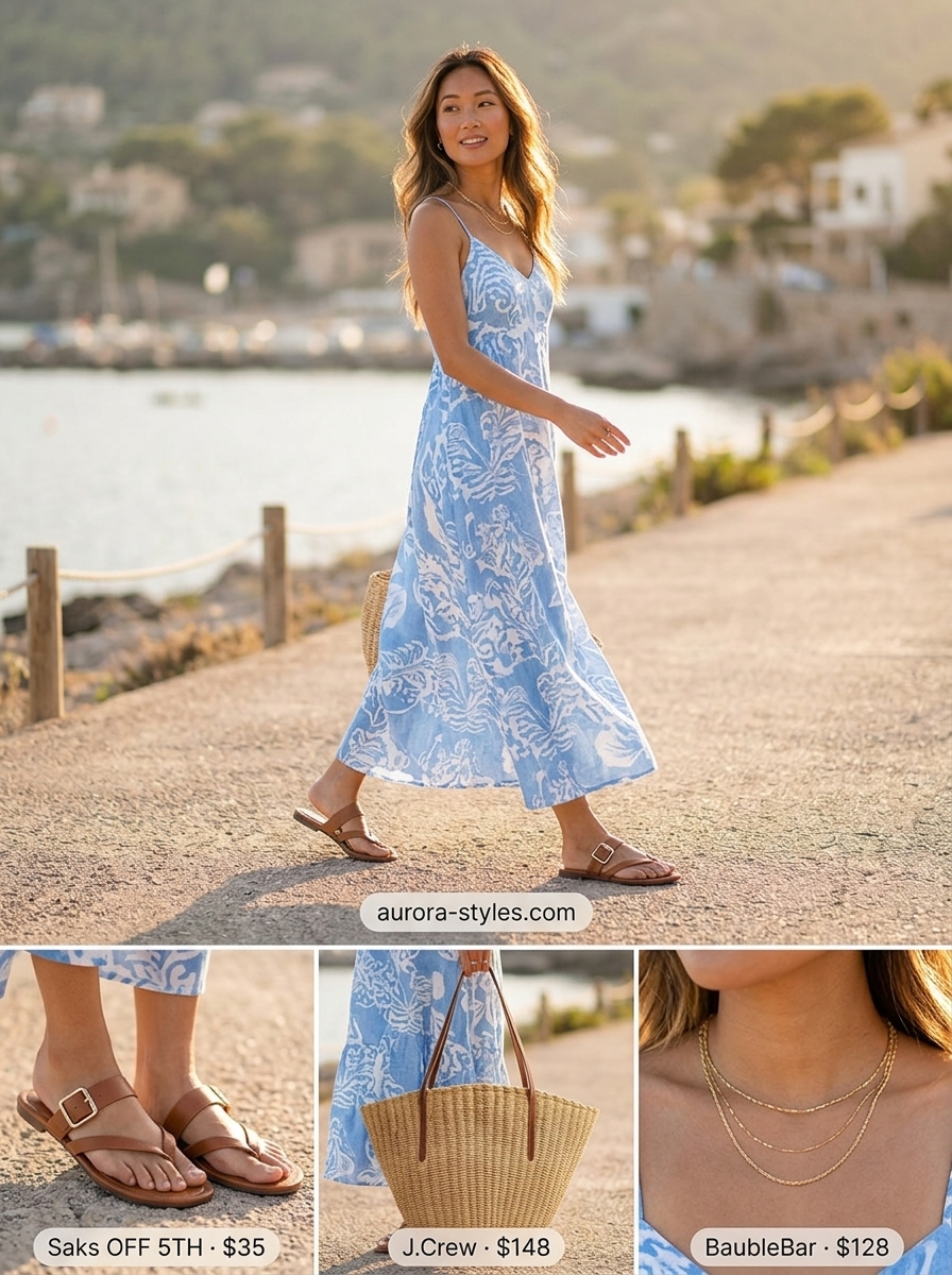 Sky blue floral maxi dress with flat sandals and straw tote. Summer dresses for women 2026 coastal breeze.
