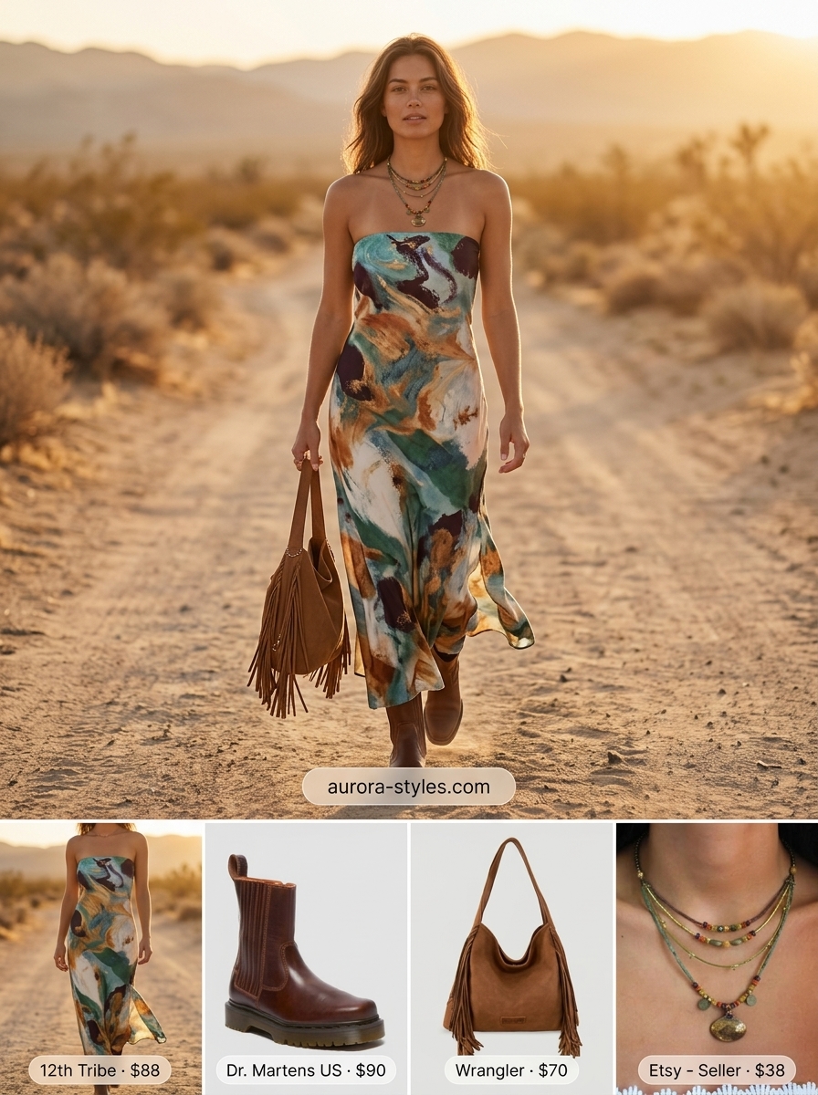 Boho abstract print dress with brown boots and fringe bag for summer dresses for women 2026. Festival style.