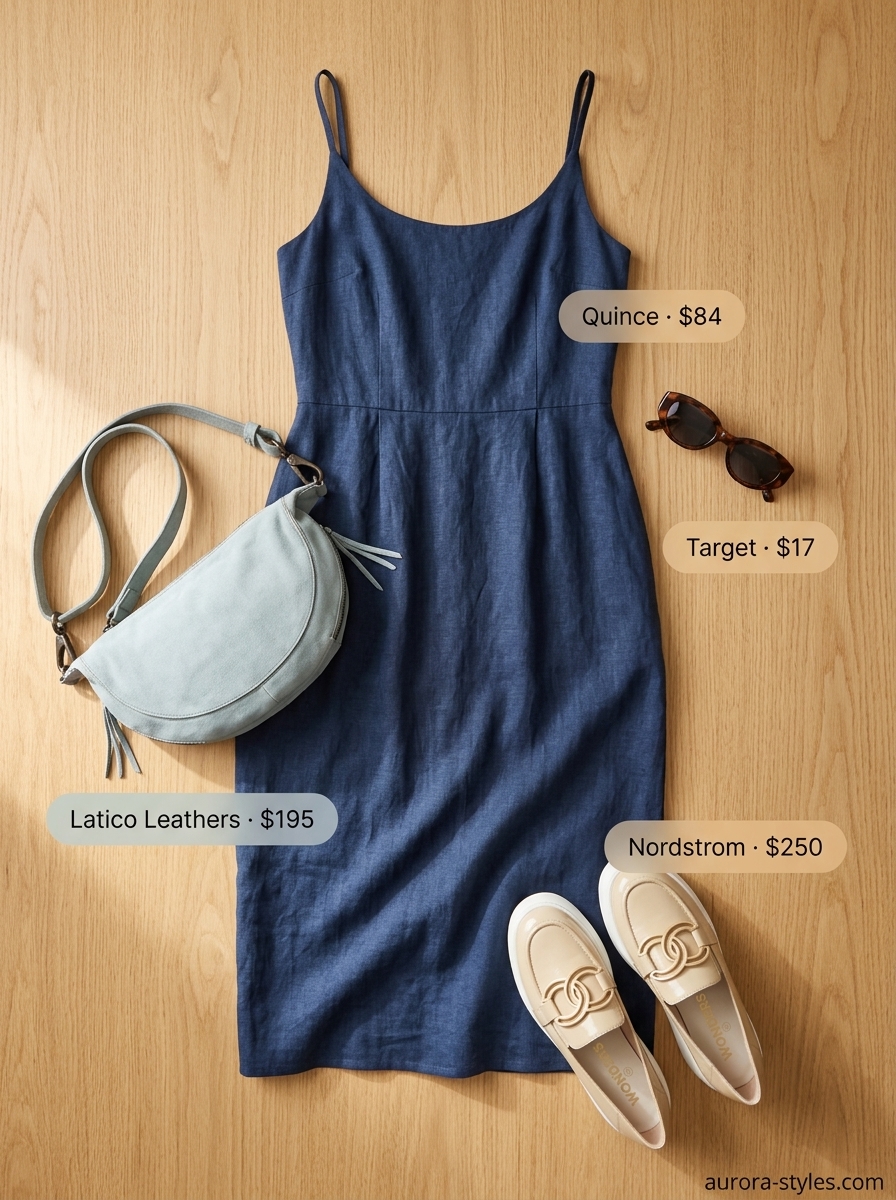 Chic white dress with tan loafers and light blue bag for summer dresses for women 2026. City exploration outfit.