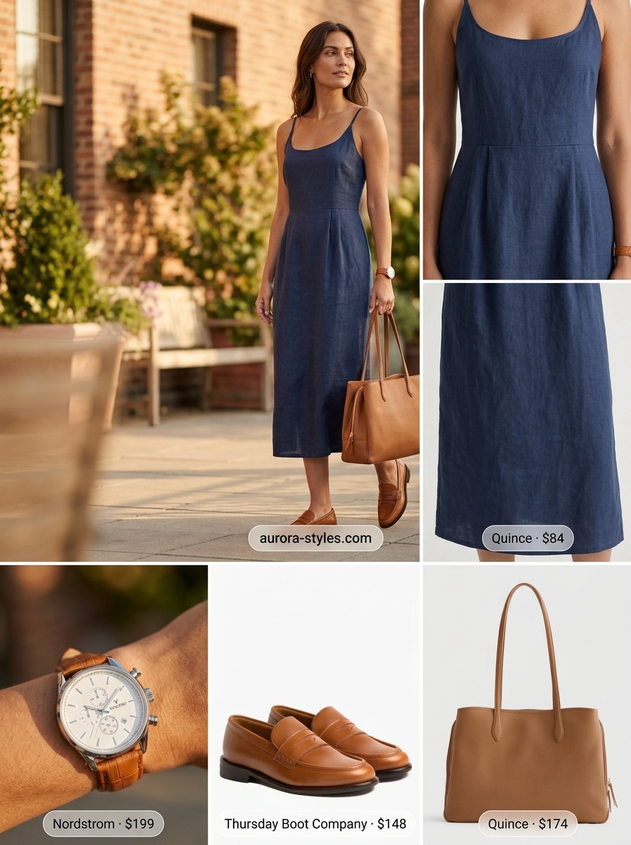 Beige dress with tan loafers and cognac tote for summer dresses for women 2026. Casual day out outfit.