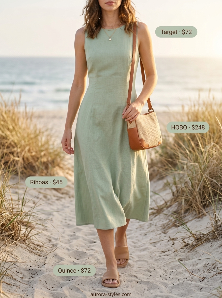 Sage green linen midi dress with flat sandals and straw bag for summer dresses for women 2026. Beach day outfit.