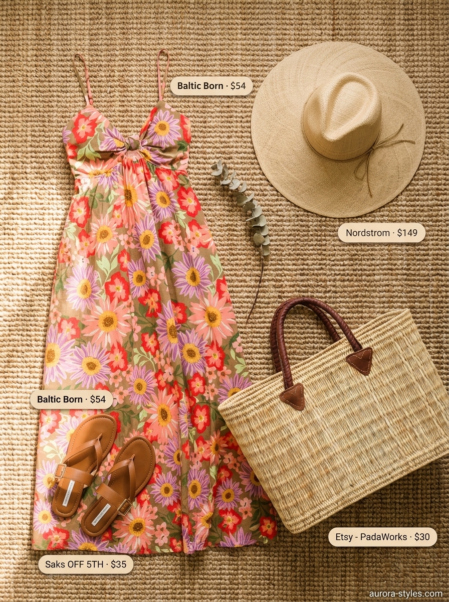 Multicolor floral maxi dress with straw hat and tote for summer dresses for women 2026. Beach vacation outfit.