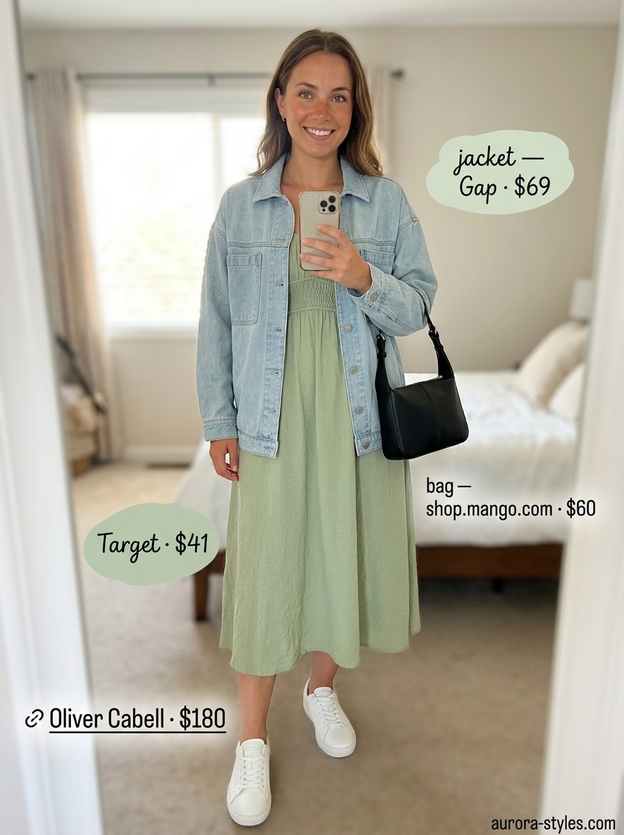 Light wash denim jacket over a dress with white sneakers and black crossbody bag. Summer dresses for women 2026 casual cool.