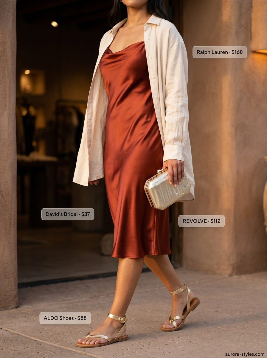 Terracotta slip dress with gold sandals and linen shirt for summer dresses for women 2026. Dinner date outfit.