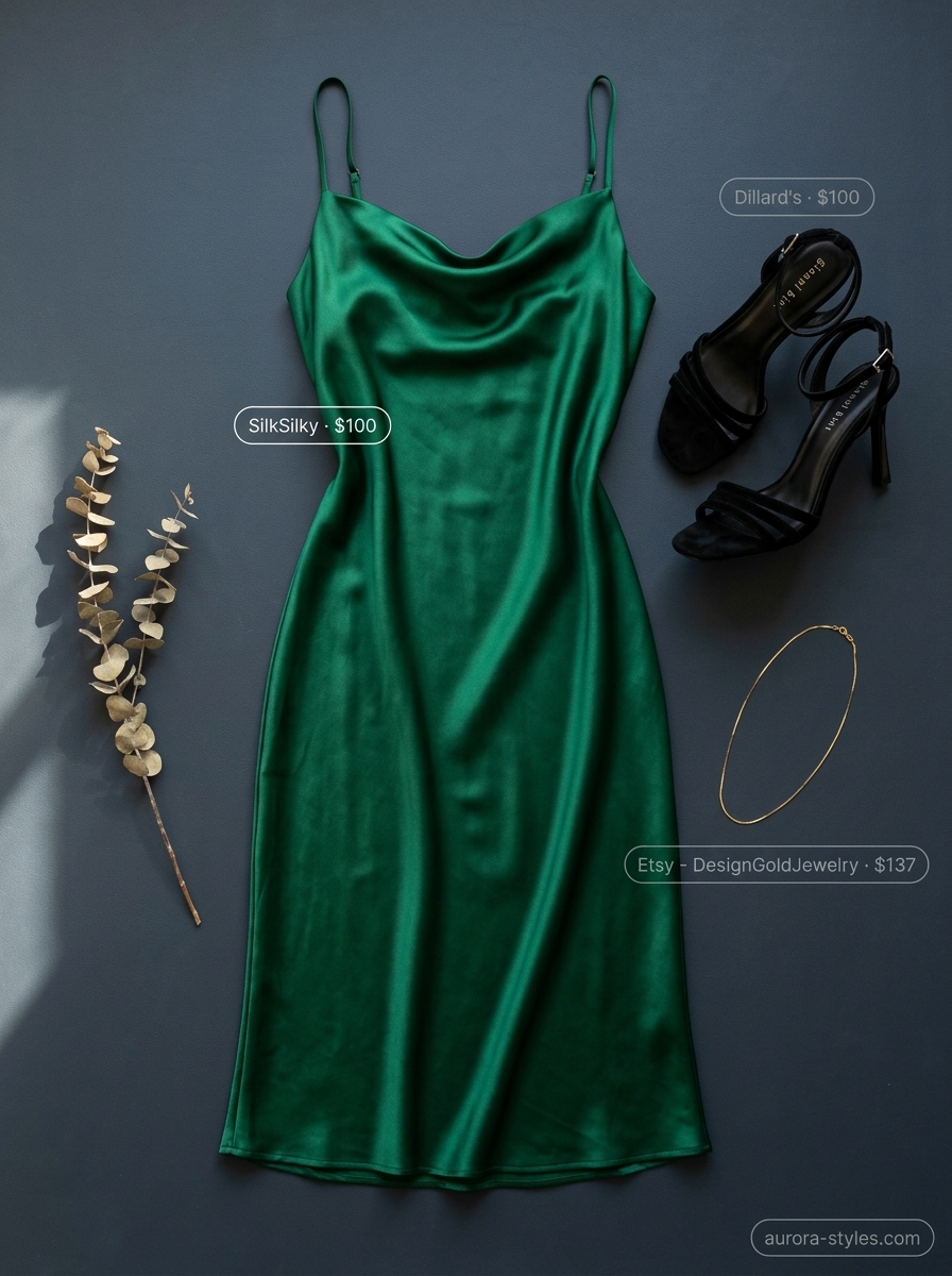 Emerald green slip dress with black heels and clutch. Summer dresses for women 2026 cocktail hour.