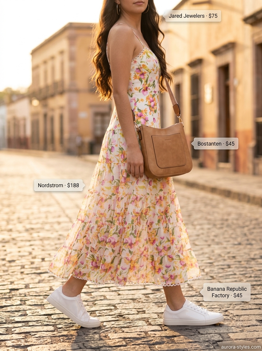 Floral maxi dress with tan crossbody and white sneakers. Summer dresses for women 2026 urban bloom.