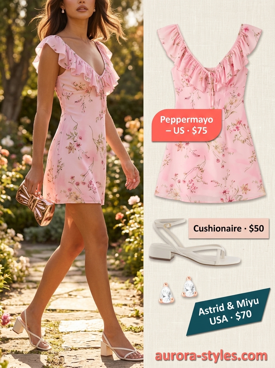 Blush pink floral mini dress with ruffles and cream sandals for summer dresses for women 2026. Garden party outfit.