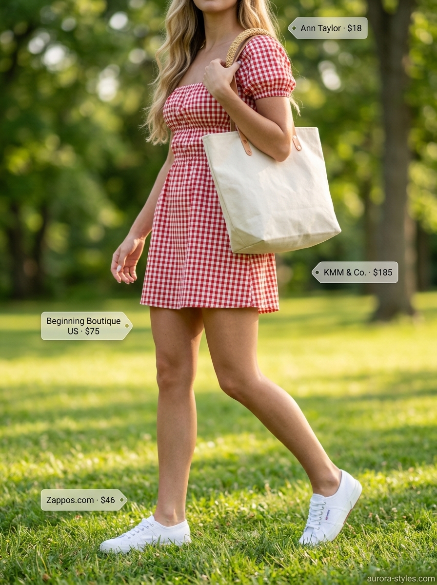 Red and white gingham mini dress with puff sleeves, canvas sneakers, and straw headband. Summer dresses for women 2026 picnic style.