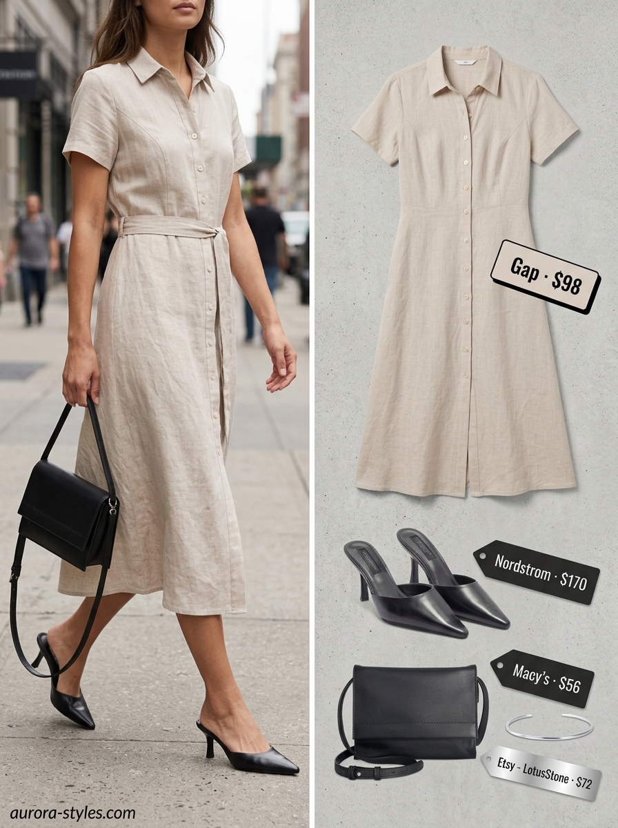 Stone beige linen shirt dress for women 2026, ideal for casual office or city outings. Sophisticated and minimalist.