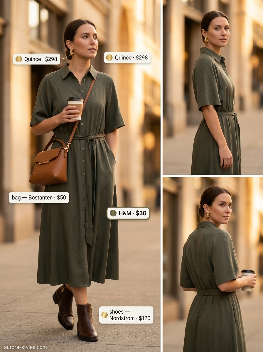Khaki green shirt dress for women 2026, perfect for daytime exploration or casual brunch. Adventurous and chic.