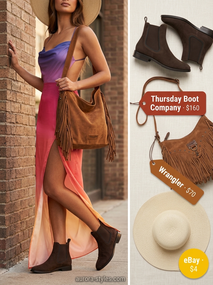 Ombre maxi dress with suede boots and floppy hat for summer dresses for women 2026. Festival outfit.