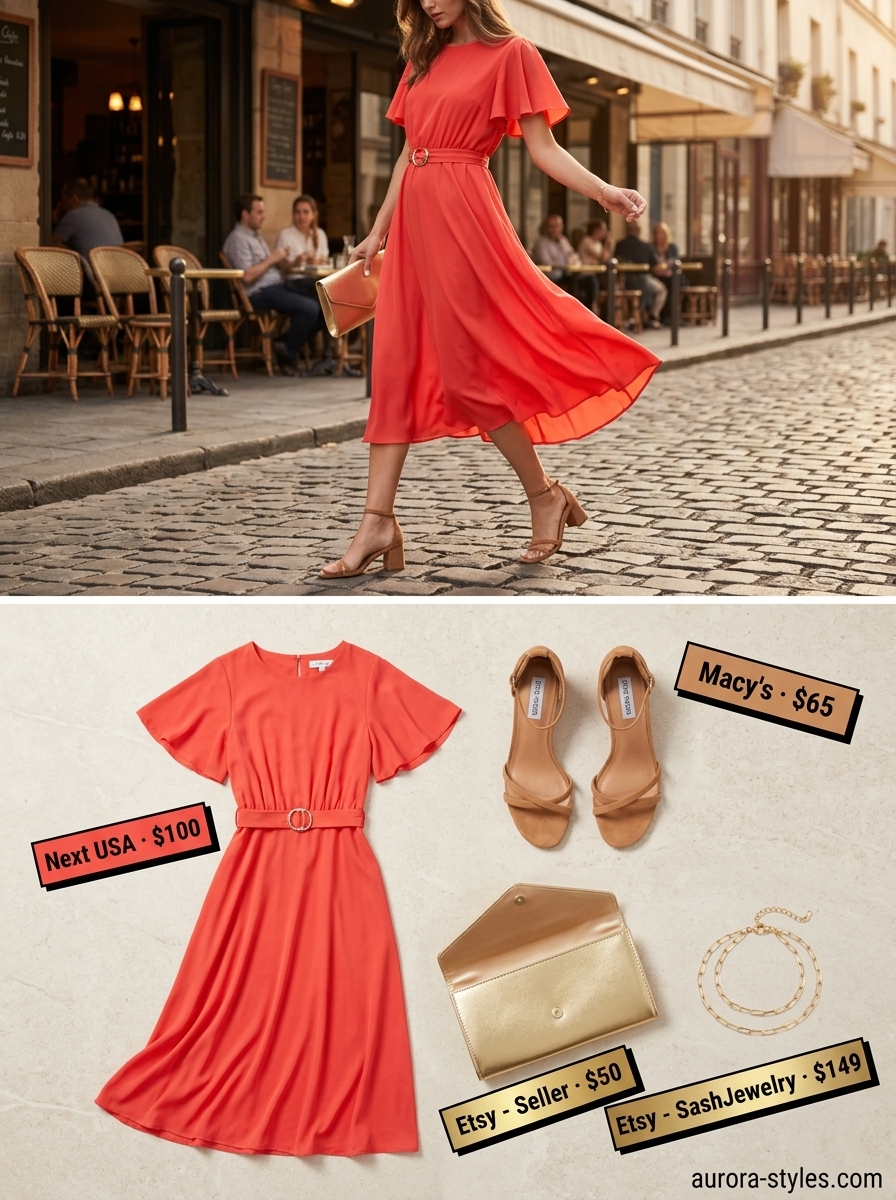 Coral wrap dress with gold accessories for summer dresses for women 2026. Perfect for vacation evenings.