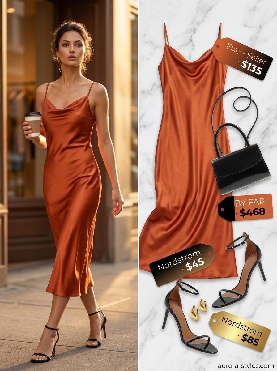 Sunset orange slip dress for women 2026, perfect for date night or summer parties. Glamorous and elegant.
