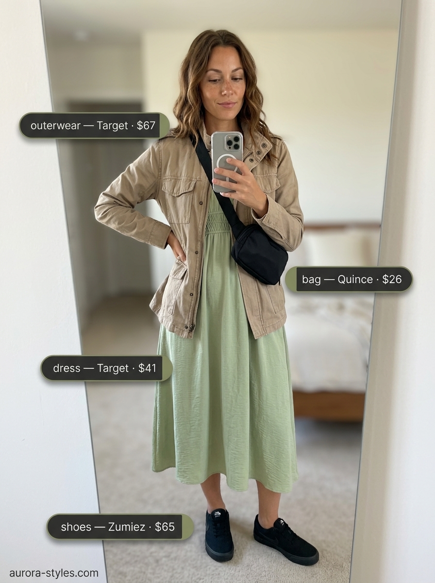 Olive green utility jacket over a dress with black sneakers and belt bag. Summer dresses for women 2026 urban adventure.