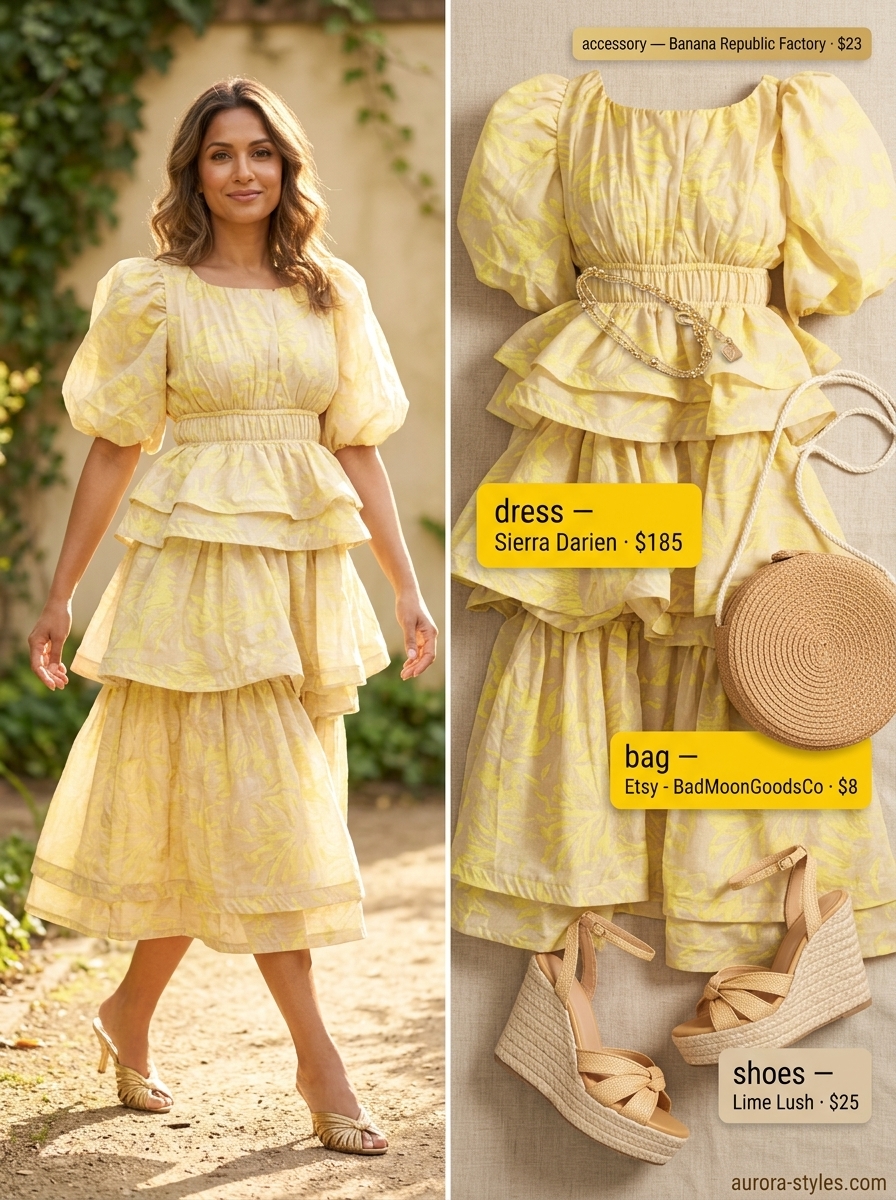 Bright yellow tiered midi dress for women 2026, ideal for garden parties or summer weddings. Playful and feminine.