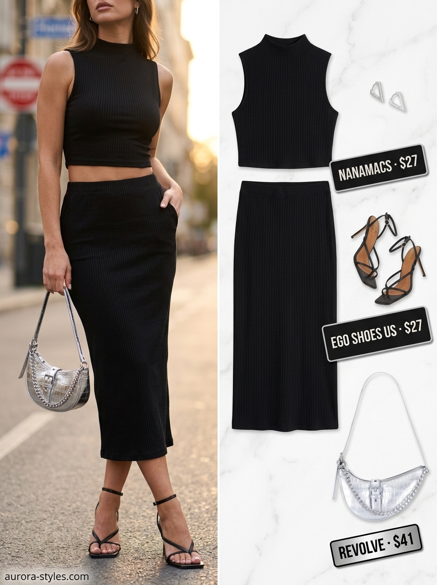 Black ribbed knit two-piece set for summer fashion outfits for women 2026. Chic for evening events.
