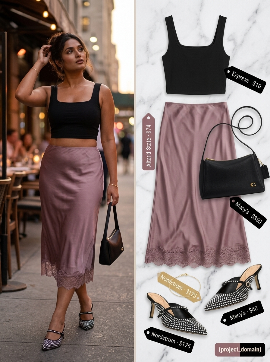 Chic summer midi skirt outfit for women 2026: blush pink satin skirt, black crop top, black mules, shoulder bag.