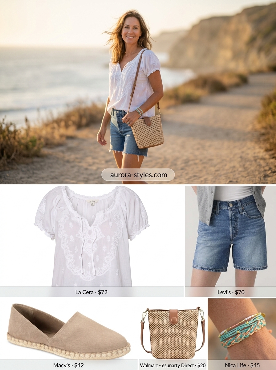Effortless denim shorts outfit for women 2026: blue denim shorts, white peasant blouse, tan espadrilles, straw bag.