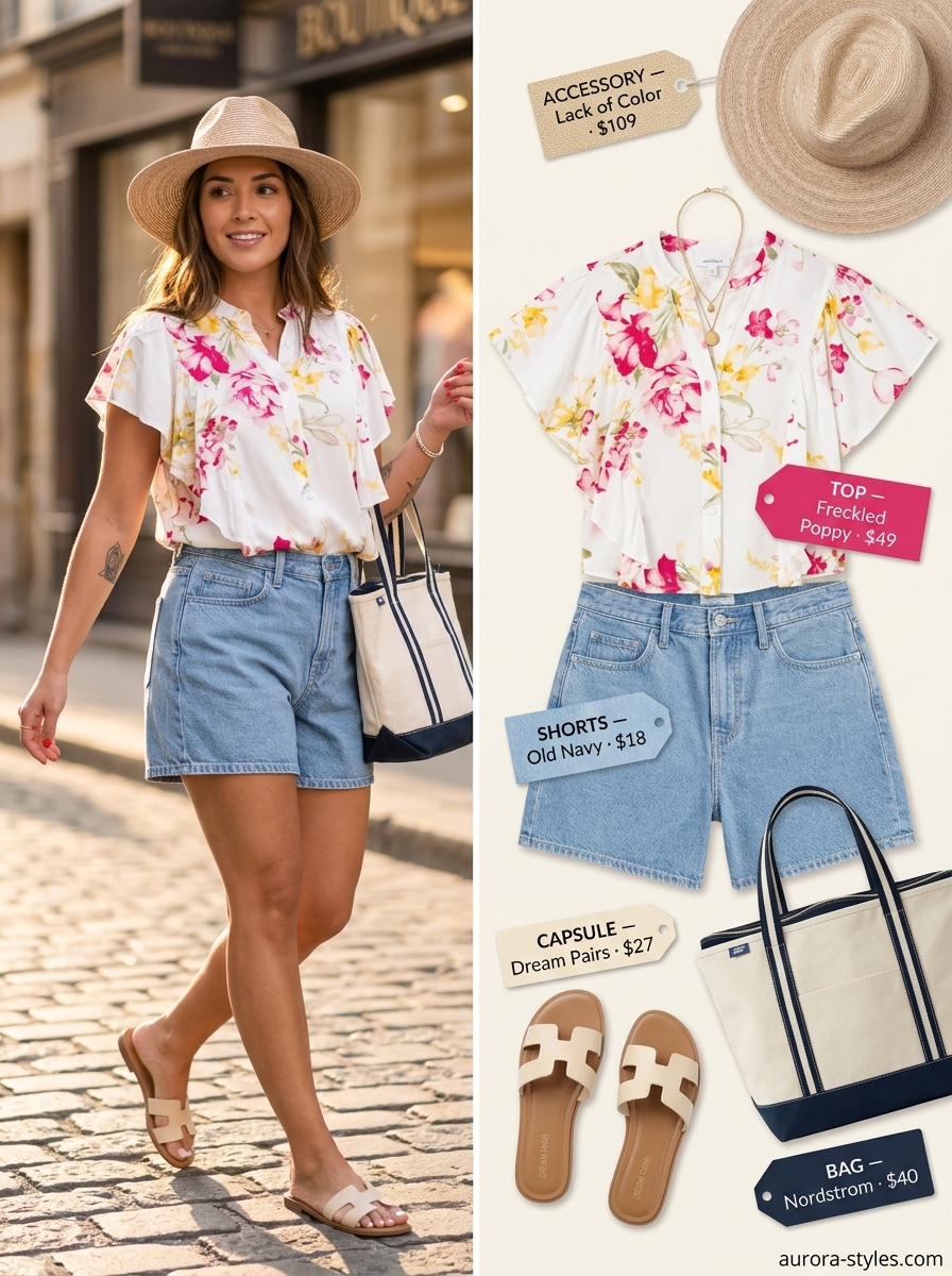 Denim shorts and floral blouse for summer fashion outfits for women 2026. Casual weekend style.