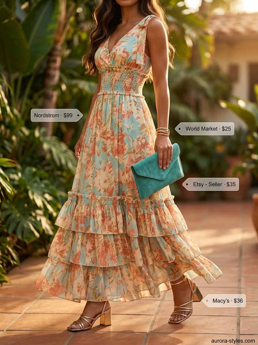 Coral and teal floral maxi dress with gold sandals for summer fashion outfits for women 2026 evening event.