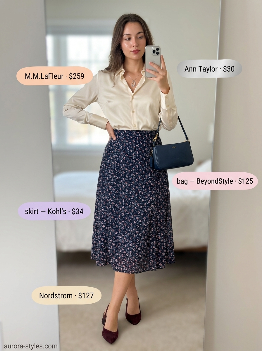 Navy floral midi skirt with cream blouse for summer fashion outfits for women 2026 office.
