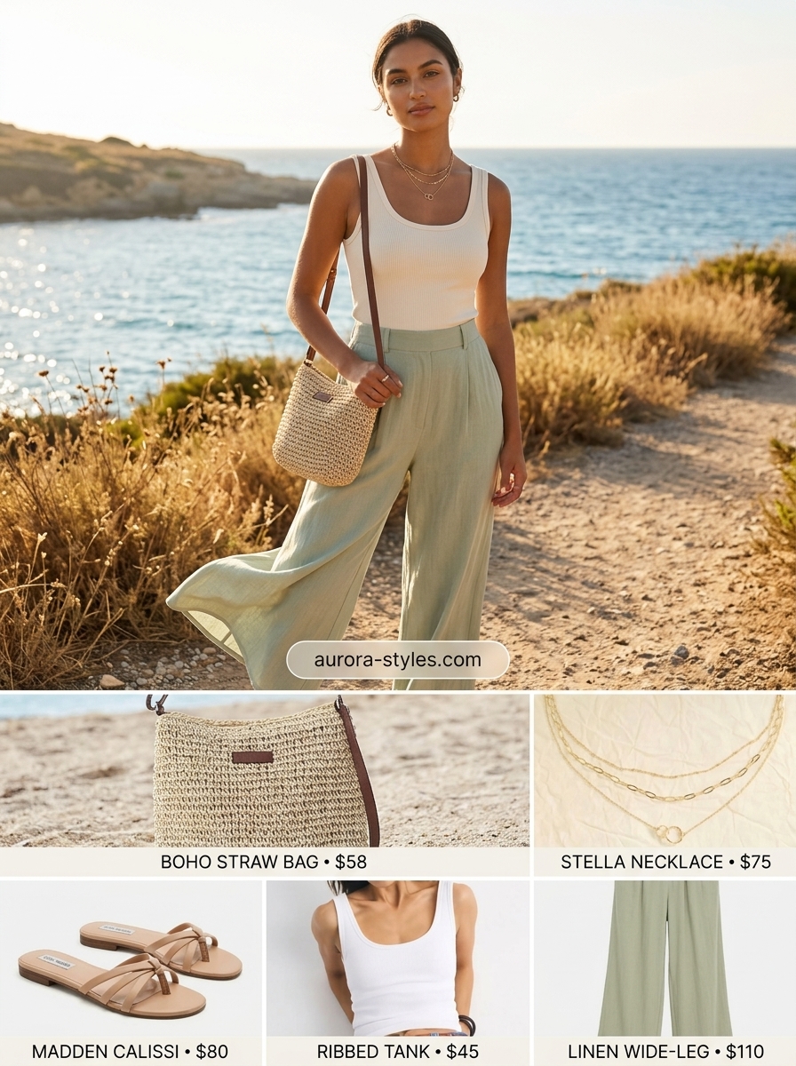 Golden Hour linen pants outfit for women 2026: sage green wide-leg pants, cream tank, tan sandals, straw bag.