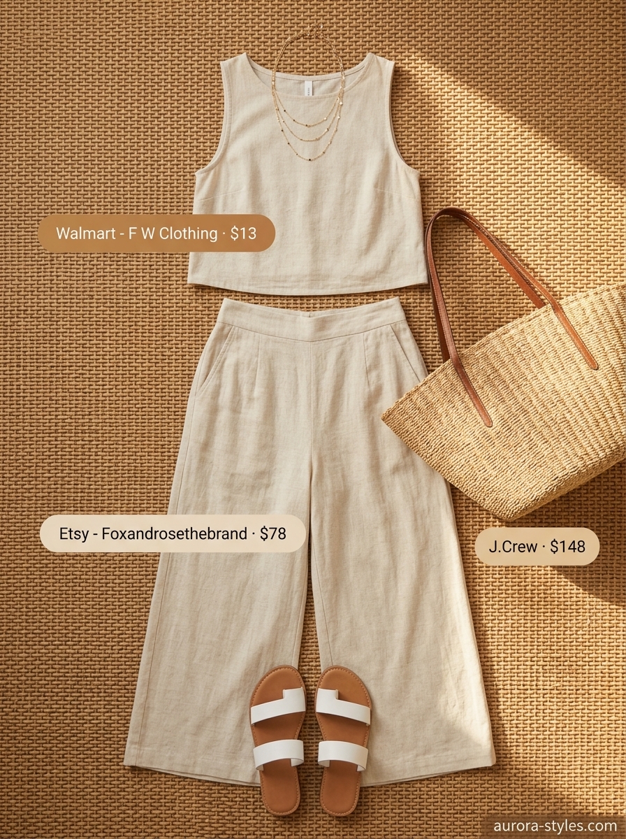 Cream linen wide-leg pants and tank top set with gold jewelry for summer fashion outfits for women 2026 brunch.