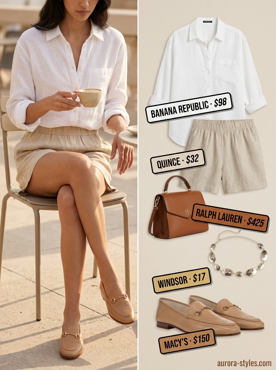 White linen shirt and beige linen shorts for summer fashion outfits for women 2026. Business casual style.
