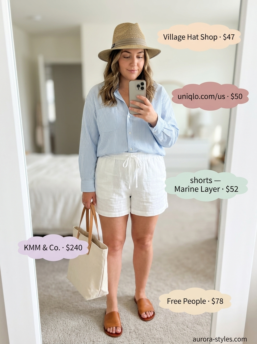 White linen shorts and light blue oversized shirt for summer fashion outfits for women 2026 beach town stroll.