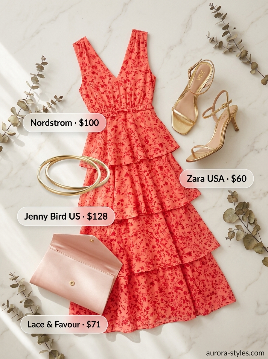 Sunset maxi dress outfit for women 2026: coral floral maxi dress, blush pink clutch, gold heels, gold bracelet.